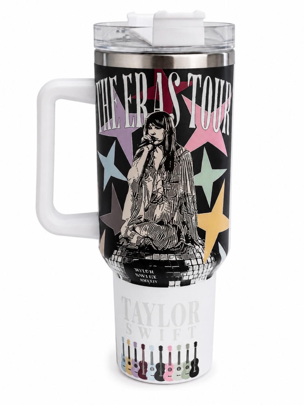 Taylor Swift Black Travel Mug with Multicolor Stars and Guitar Icons